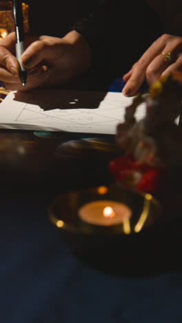 Vertical-Video-Close-Up-Of-Woman-Drawing-Astrology-Lagna-Or-Birth-Chart-On-Candlelit-Table